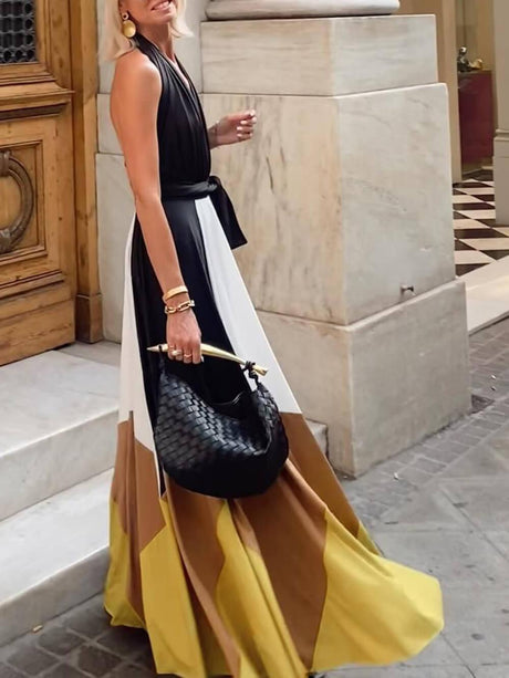 Aurohaya Elegant Geometric Patchwork Backless Tie-Back Maxi Dress