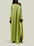 Aurohaya Casual Button-Detail Off-Shoulder Slit Maxi Dress Green One Size