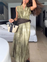 Aurohaya Exquisite Abstract Tie-Dye Print Linen Sleeveless Vacation Midi Dress Green