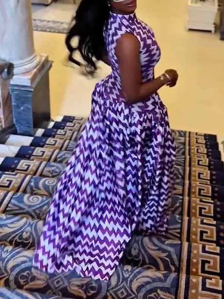 Aurohaya Unique Purple Zigzag Print Stretch Maxi Dress