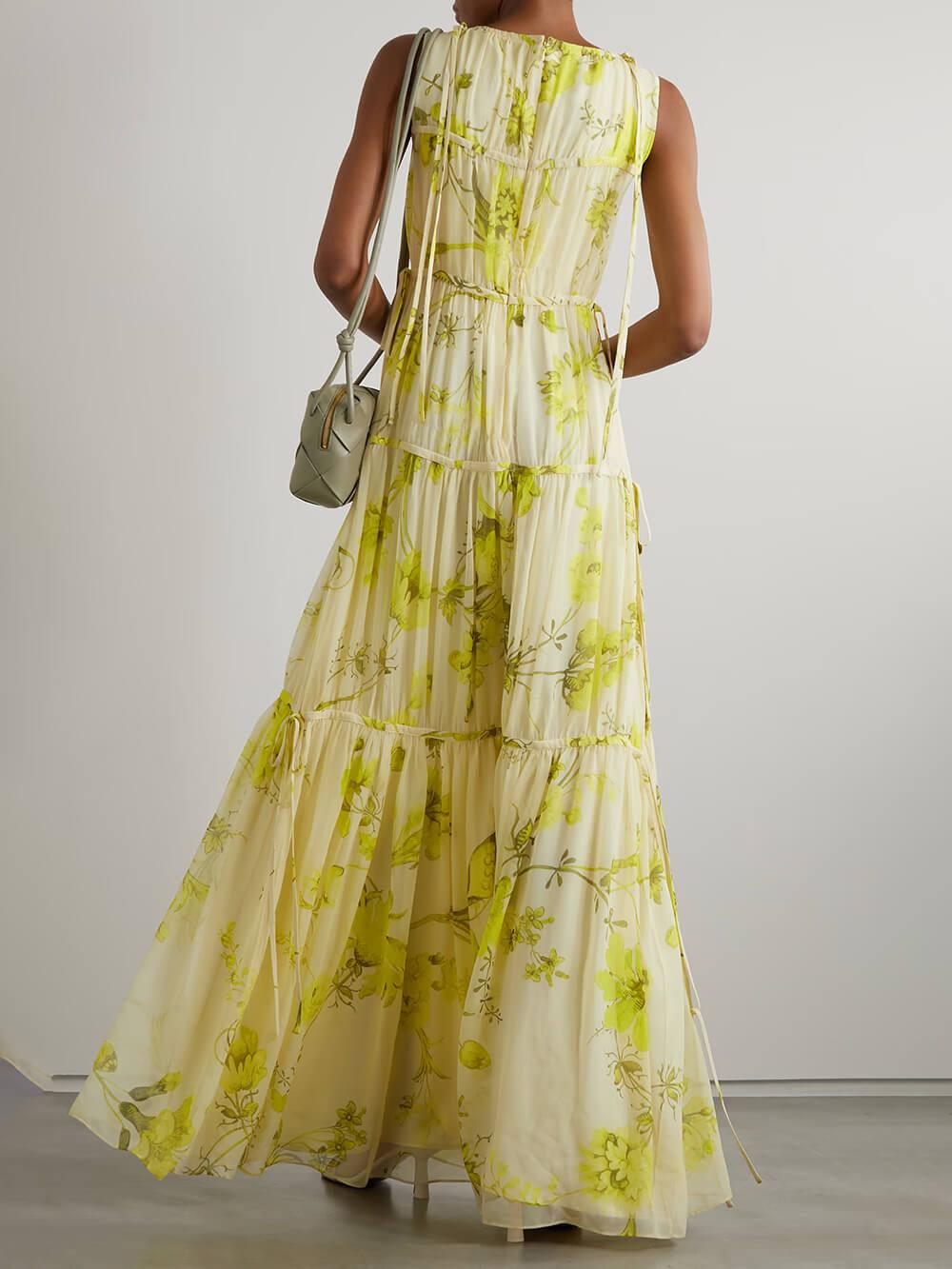 Aurohaya Vintage Bloom Tie-Front Layered Floral Print Chiffon Casual Maxi Dress