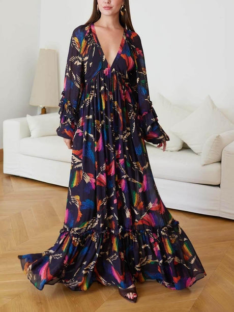 Aurohaya Delicately Patterned V-Neck Ruffle Sleeve Details Maxi Dress Black