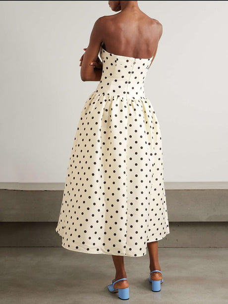 Aurohaya Classic Polka-Dot Print Satin Midi Dress