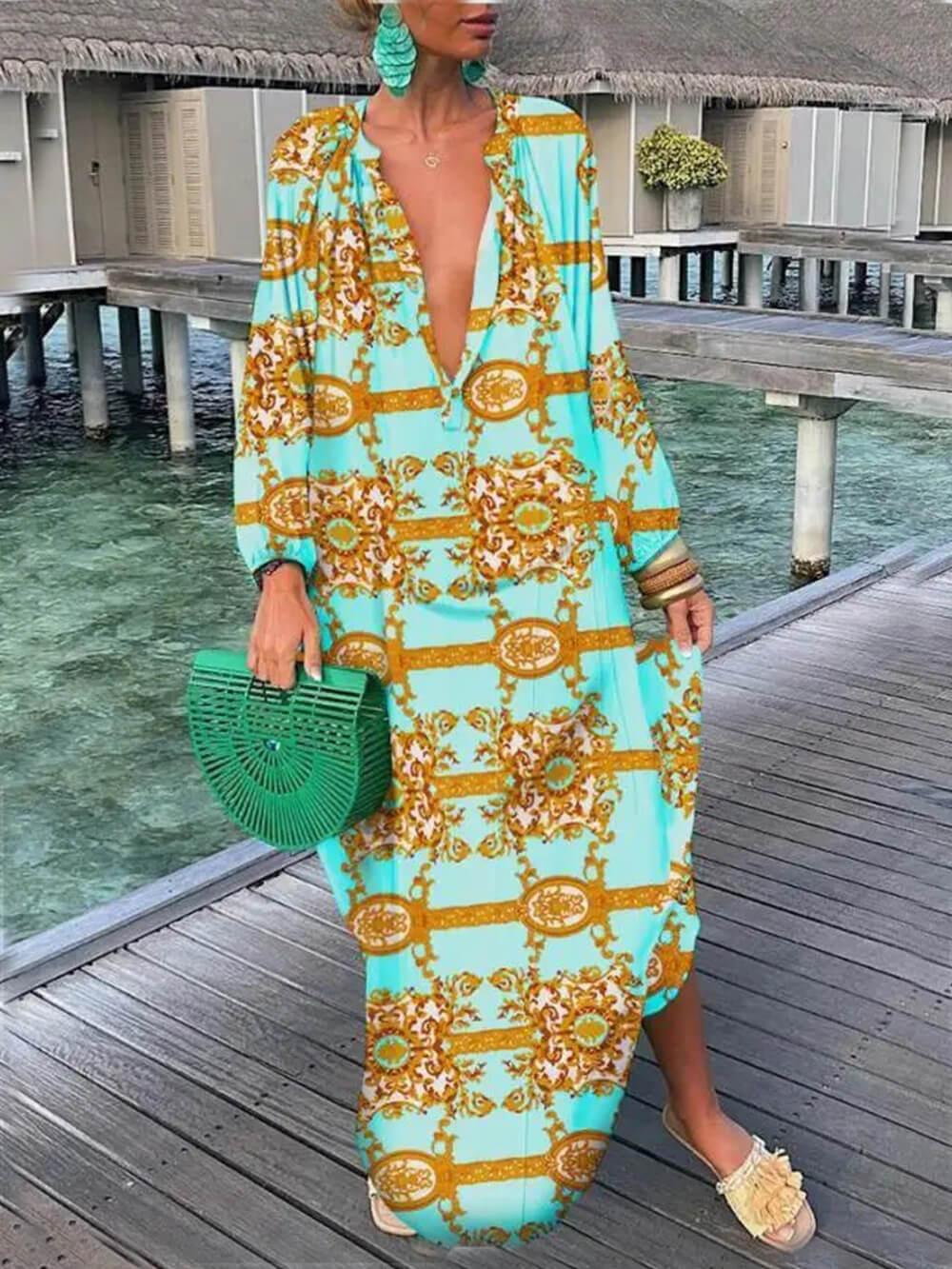 Aurohaya Bohemian V-Neck Printed Maxi Dress Green