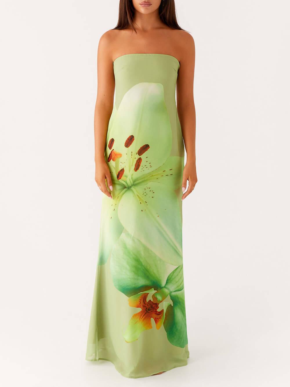 Aurohaya Elegant Satin Unique Floral Print Off Shoulder Maxi Dress