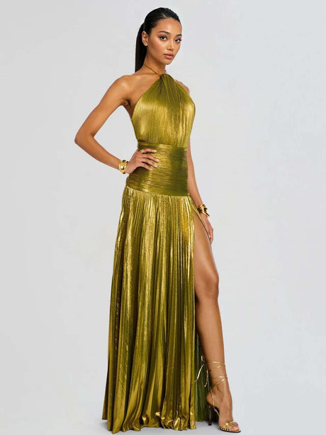 Aurohaya Elegant Metallic Pleated Halter Neck Maxi Dress
