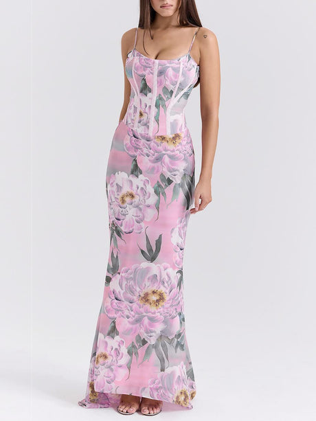 Aurohaya Retro Pink Floral Print Corset Maxi Dress