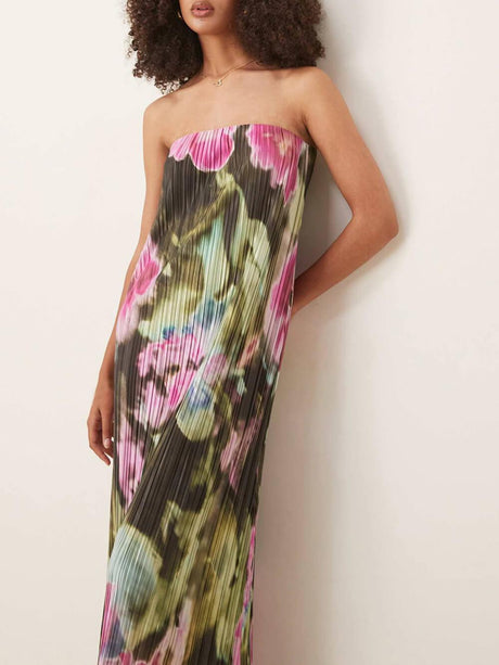 Aurohaya Sexy Strapless Off-the-Shoulder Floral Print Pleated Maxi Dress