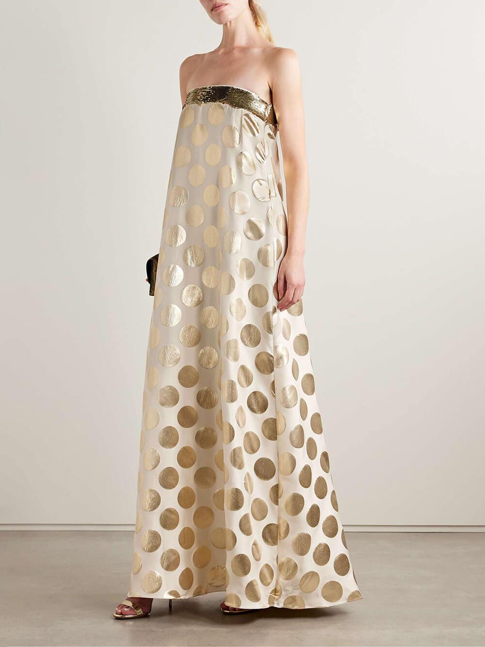 Aurohaya Elegant Off-Shoulder Sequin Metallic Polka Dot Maxi Dress Gold