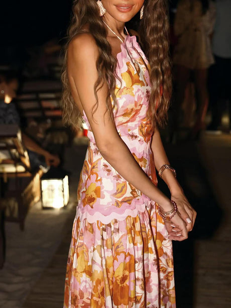 Aurohaya Delicate Ruffle Trim Backless Printed Maxi Dress