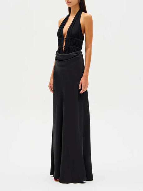 Aurohaya Elegant Mesh Ruched Satin Backless Maxi Dress
