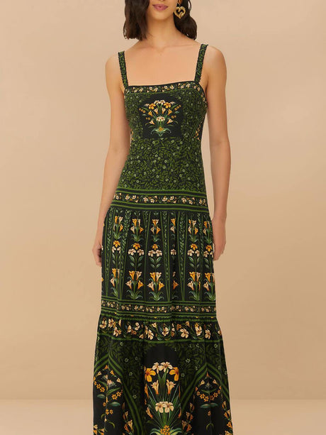 Aurohaya Unique Tropical Bloom Floral Print Linen-Blend Pleated Back Maxi Dress