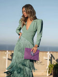 Elegant Tassel V-Neck Long Sleeve Maxi Dress