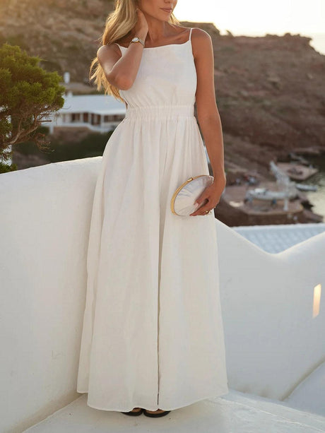 Aurohaya Casual Open Back Drawstring Elastic Waist Maxi Dress
