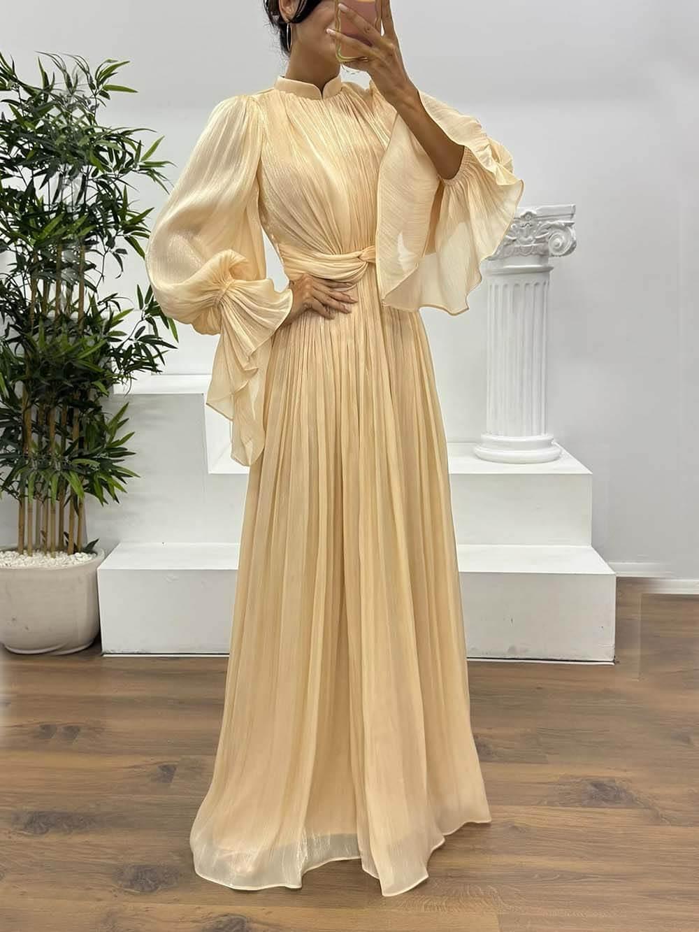 Aurohaya Fashionable Pleated Waist Long-Sleeved Chiffon Evening Maxi Dress