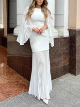 Aurohaya Elegant Pleated Cape Chiffon Maxi Dress White