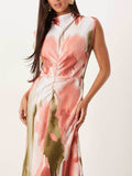 Elegant Floral Print Ruched High-Twist Neck Midi Dress