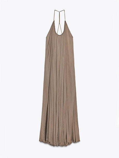 Aurohaya Elegant Pleated V-Neck Halter Maxi Dress