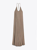 Elegant Pleated V-Neck Halter Maxi Dress