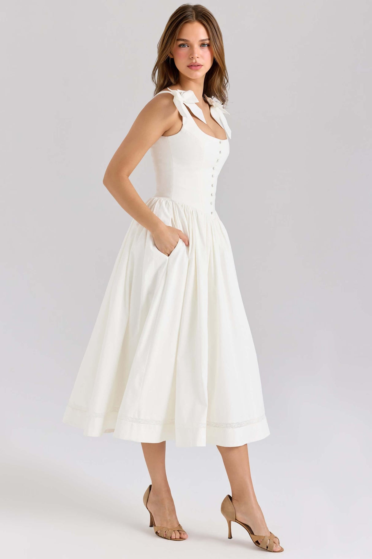 Aurohaya Retro Drape Bow Pleated Midi Dress