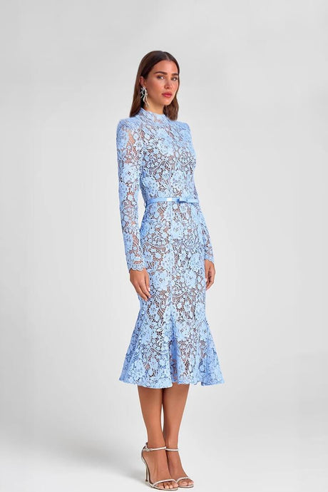 Aurohaya Elegant Lace Belted Long Sleeve Mermaid Midi Dress