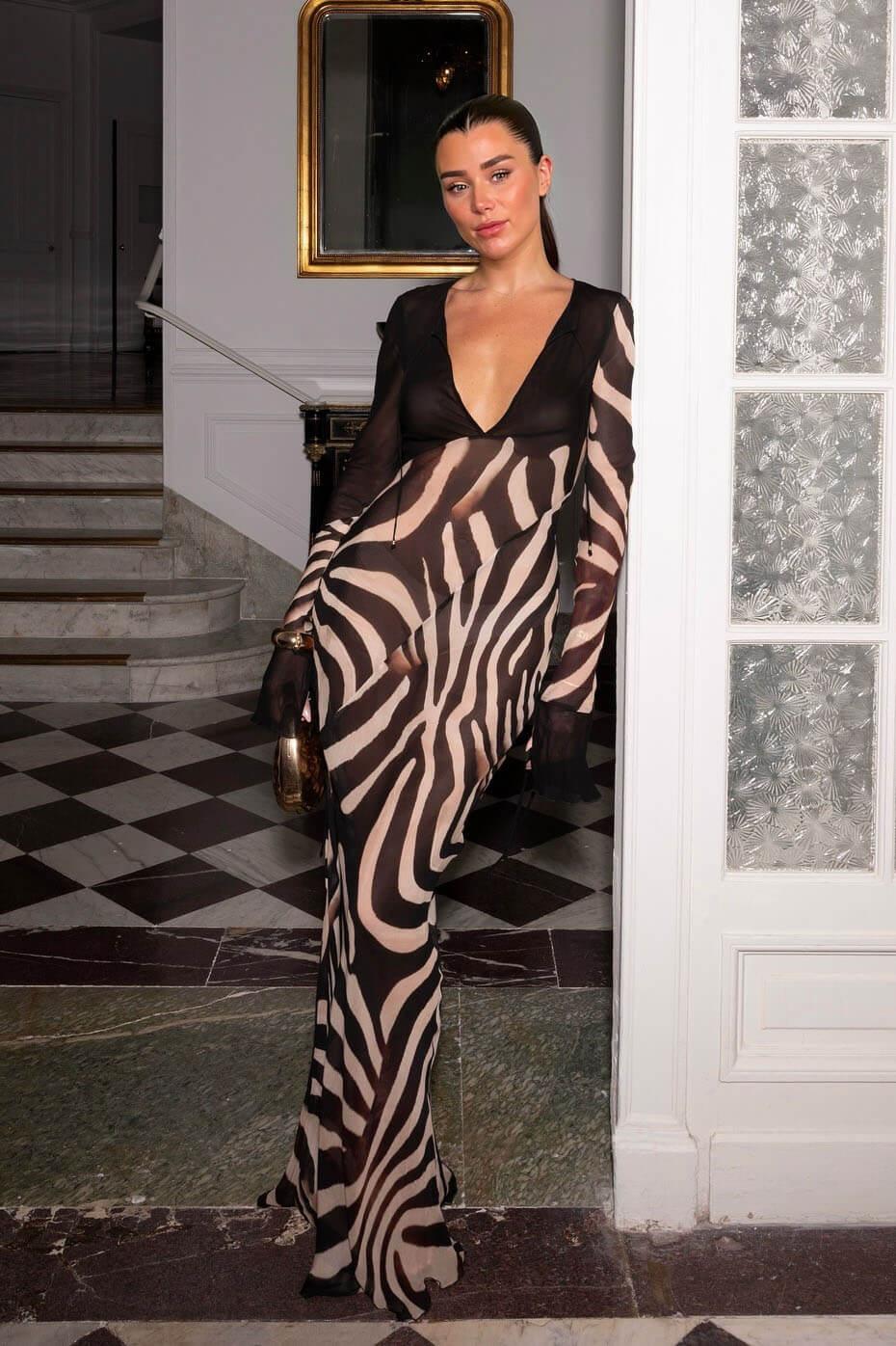 Aurohaya Elegant Night Chiffon Colorblock Animal Print Tie-up Long Sleeve Maxi Dress