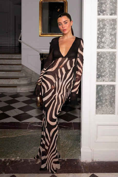 Aurohaya Elegant Night Chiffon Colorblock Animal Print Tie-up Long Sleeve Maxi Dress