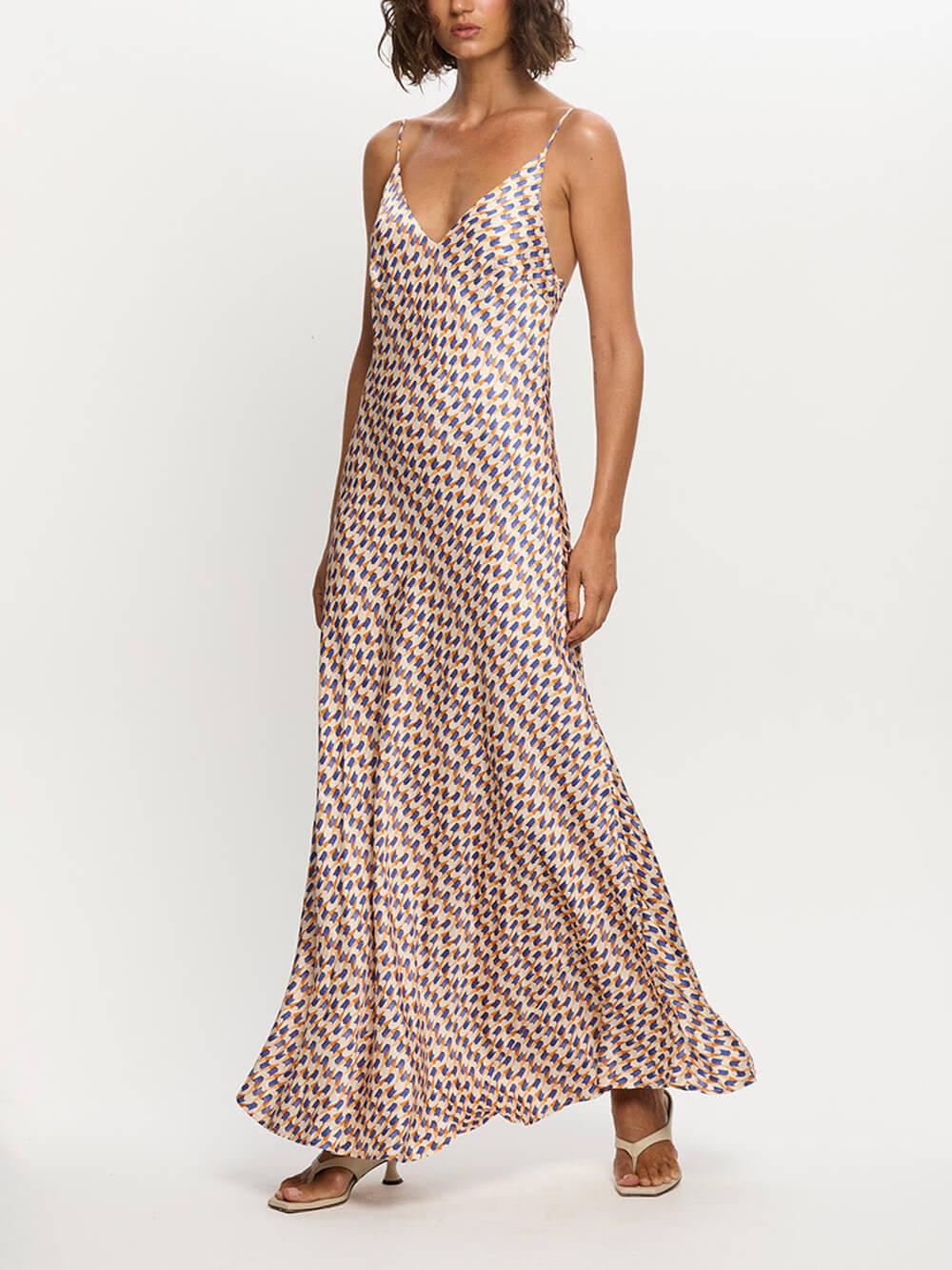 Aurohaya Elegant Geometric Print Strappy Maxi Dress Blues