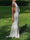 Elegant Halterneck Black Polka Dot White Maxi Dress