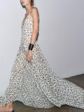 Aurohaya Elegant Polka Dot Print V-Neck Spaghetti Strap Flounce Hem Maxi Dress