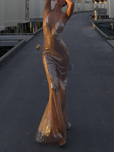 Aurohaya Elegant V-neck Sequined Fishtail Maxi Dress