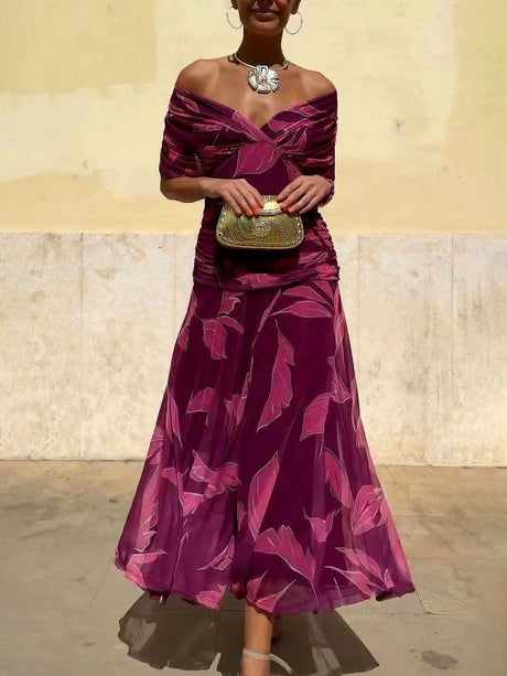 Aurohaya Elegant Off-Shoulder Ruched Leaf Print Maxi Dress Rose Red