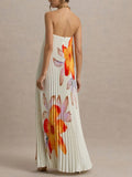 Aurohaya Elegant Sweetheart Orange Floral Print Pleated Maxi Dress