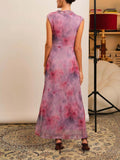Retro Gradient Floral Mesh Print Slim Maxi Dress
