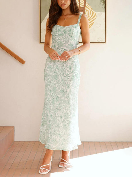 Aurohaya Sophisticated Floral Print Open Back Pleated Midi Dress