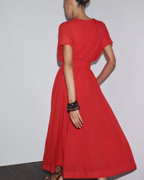 Aurohaya Elegant V-neck Drawstring Pleated Midi Dress