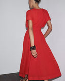 Aurohaya Elegant V-neck Drawstring Pleated Midi Dress