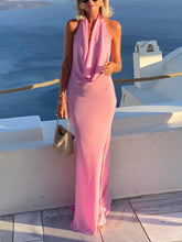 Aurohaya Elegant Draped Halterneck Backless Maxi Dress Pink