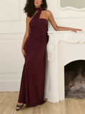 Elegant One-shoulder Draped Pleated Fitted Maxi Dress