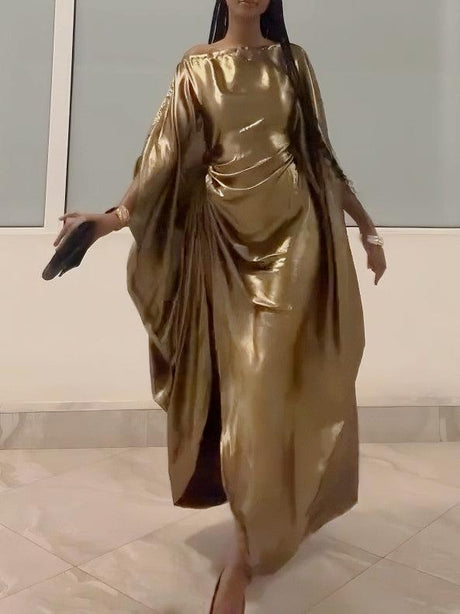 Aurohaya Elegant Metal Drawstring Bat Sleeve Robe Dress
