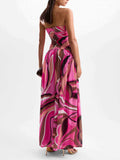 Exquisite Abstract Print Strapless Pleated Maxi Dress