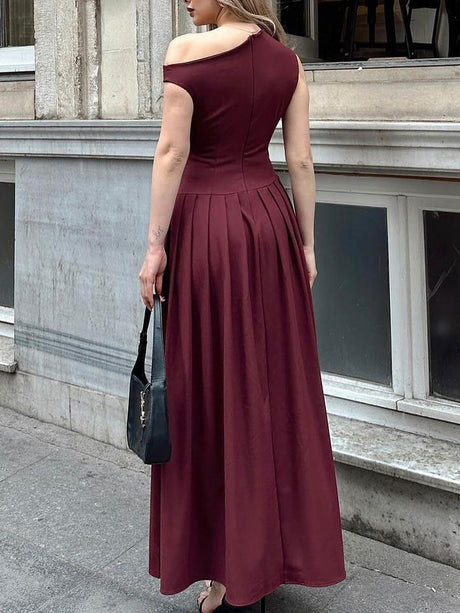 Aurohaya Elegant Off-shoulder Neckline Pleated Maxi Dress