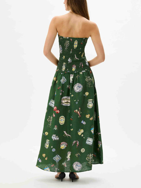 Aurohaya Chic Strapless Smocked Printed Holiday Maxi Dress