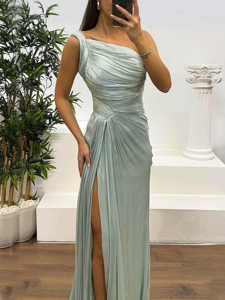 Aurohaya Elegant Fashion One-shoulder Pleated Ribbon Slim Slit Maxi Dress