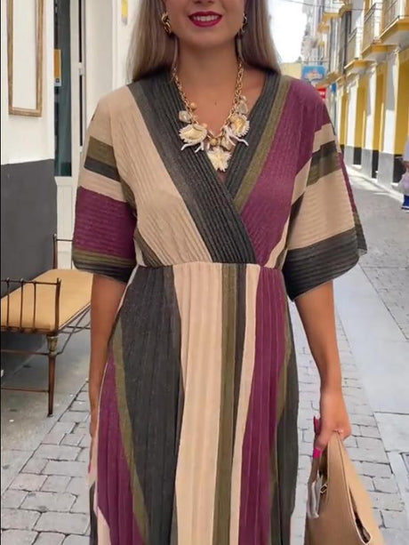 Aurohaya Elegant Irregular Stripe Print Pleated Maxi Dress