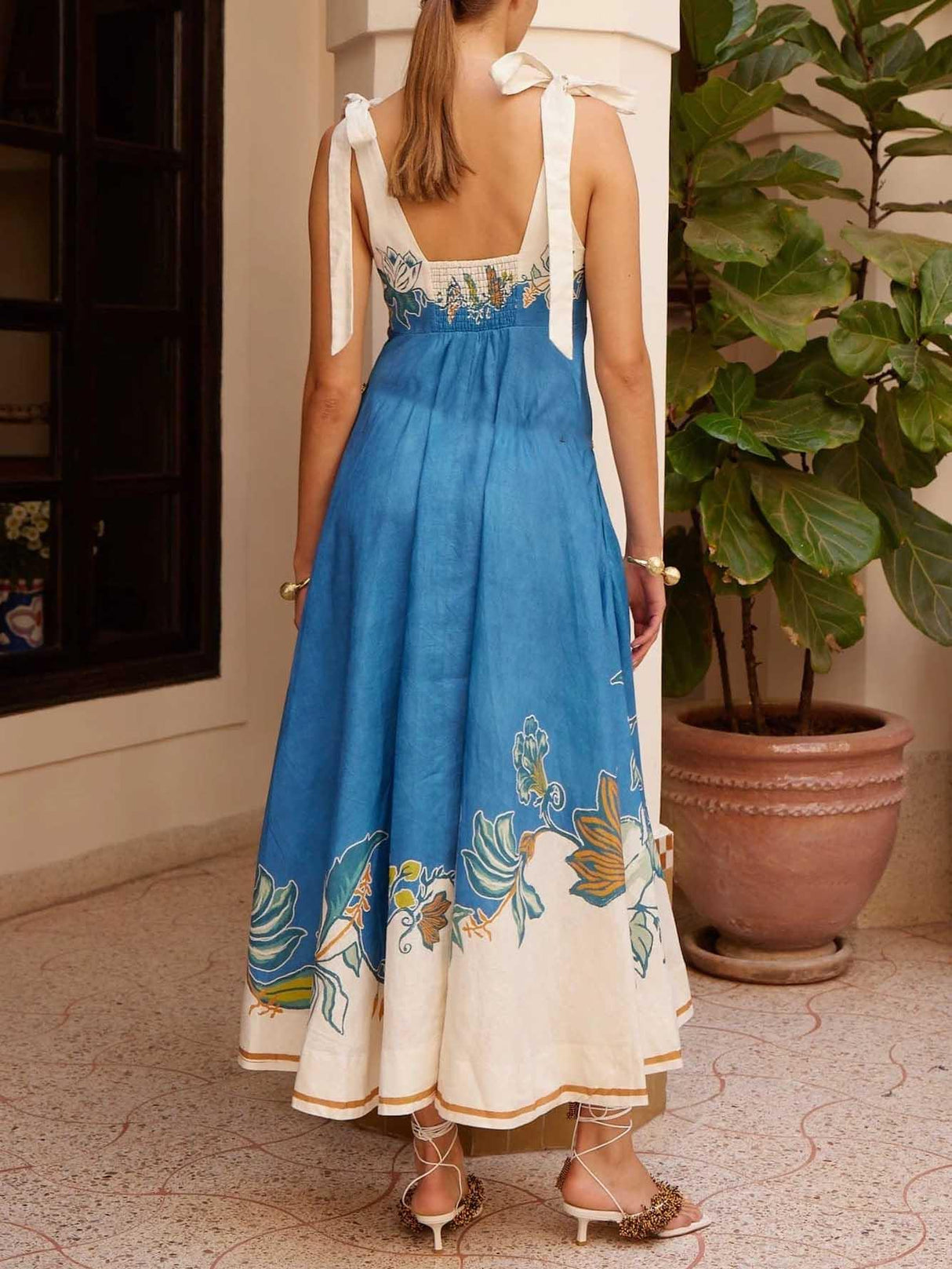 Aurohaya Casual Floral Print Bow-strap Maxi Dress