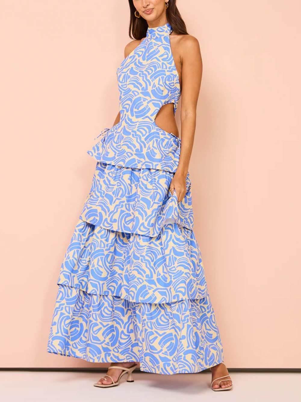 Aurohaya Delicate Blue Swirl Print Halter Neck Backless Maxi Dress