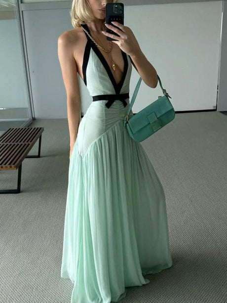 Aurohaya Elegant V-neck Bow Chiffon Flowing Maxi Dress Green