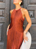 Fashion Elegant Sleeveless Halter Neck Tassel Slim Maxi Dress