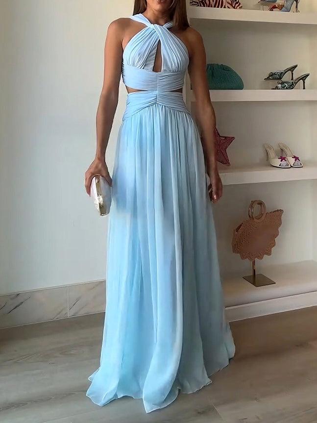 Aurohaya Elegant Halter Twist Front Cutout Pleated Maxi Dress